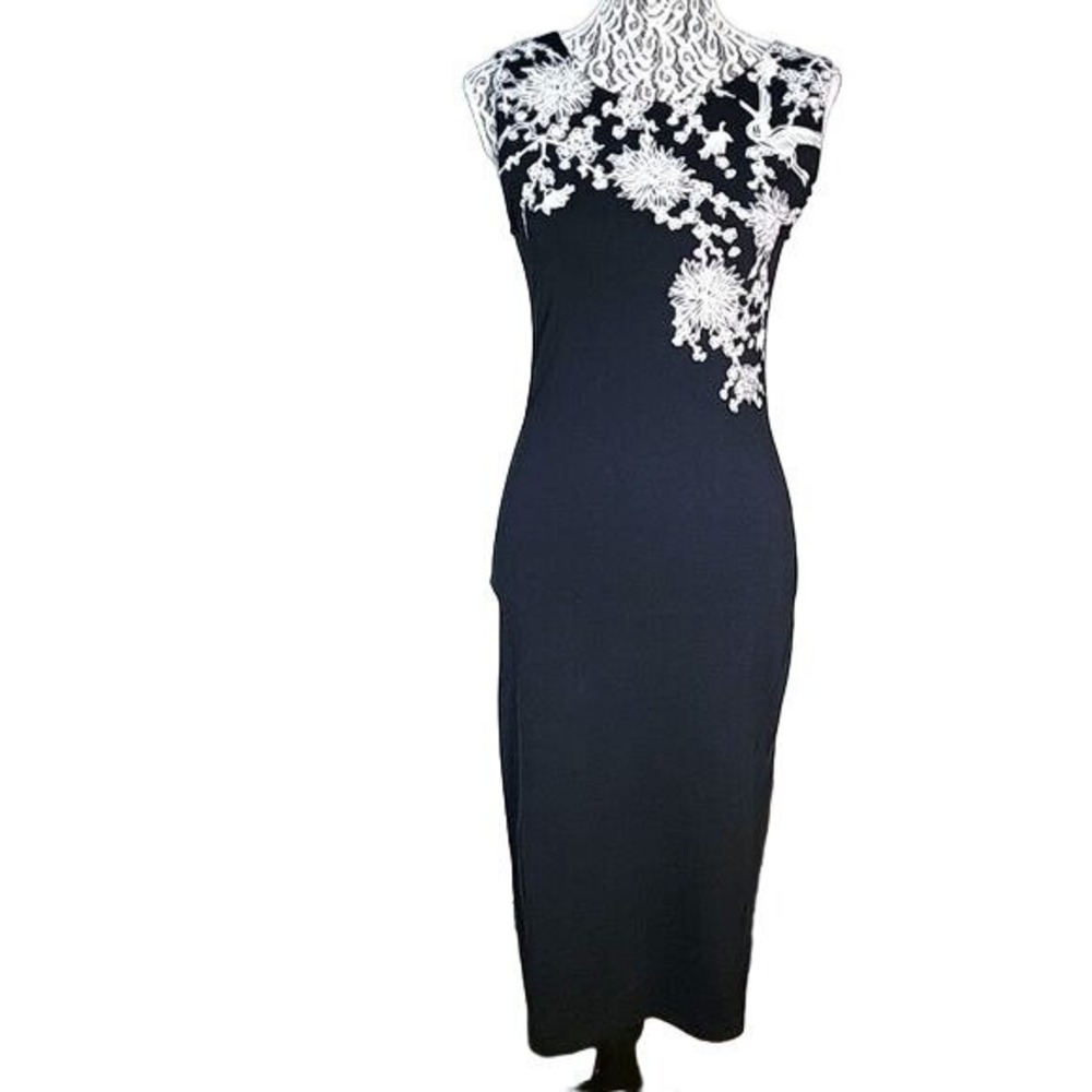 AMISU European Bodycon Strapless Midi Dress with White Floral Design EU 40 US 10